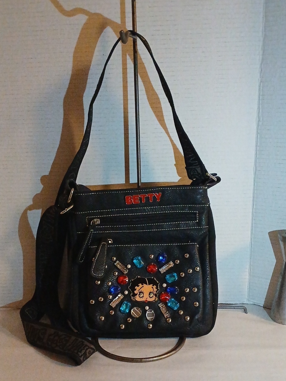 Betty Boop Black Studded Crossbody Bag with Colorful Gem Accents